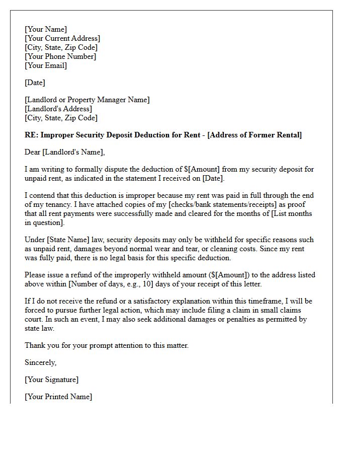 Improper Security Deposit Deduction for Rent Notice Letter