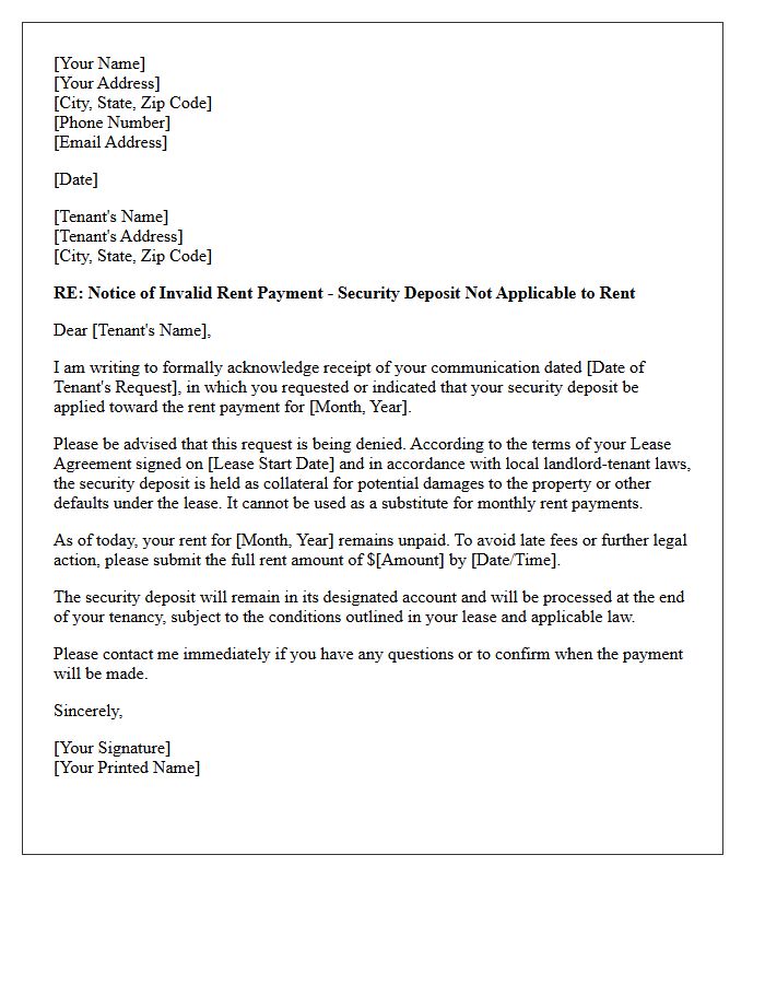 Invalid Rent Payment by Security Deposit Notice Letter