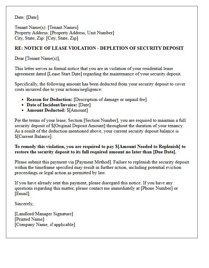 Lease Violation Letter for Security Deposit Depletion