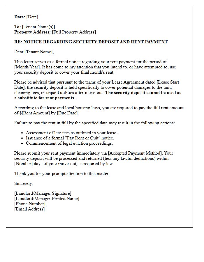 Notice Letter Prohibiting Security Deposit as Rent Payment