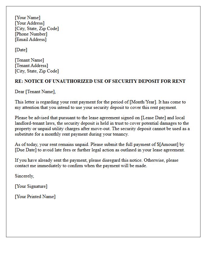 Notice of Unauthorized Deposit Use for Rent Payment Letter