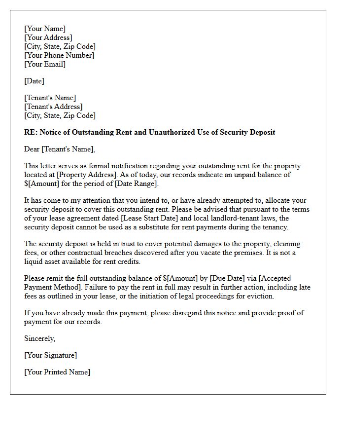 Outstanding Rent and Unauthorized Deposit Allocation Letter