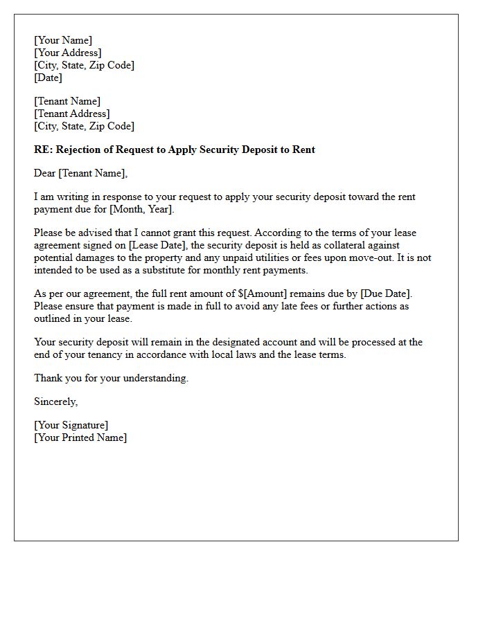 Rejection Letter for Security Deposit Applied to Rent