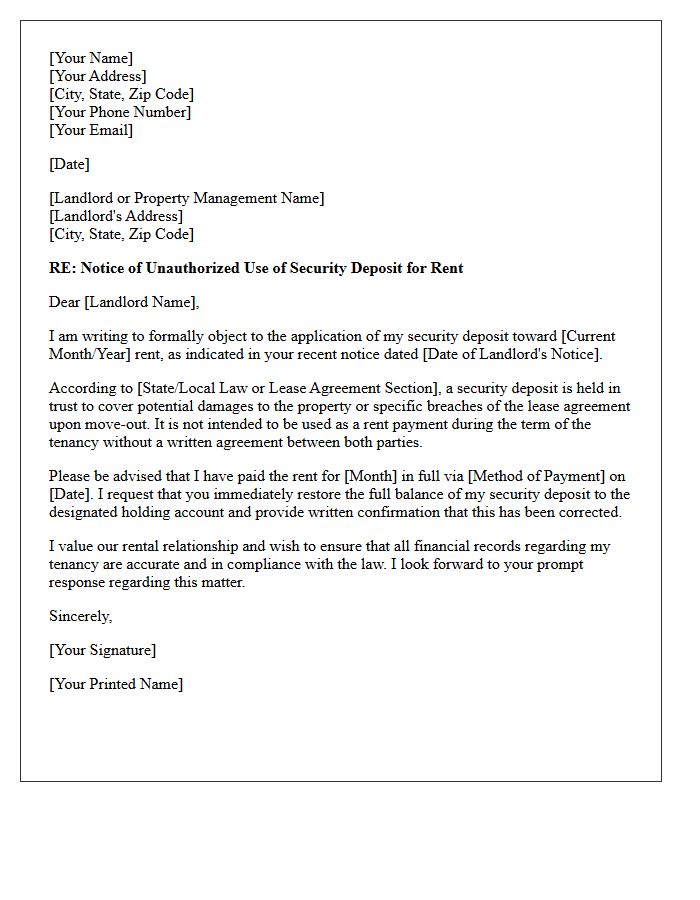 Unauthorized Security Deposit Application for Rent Letter