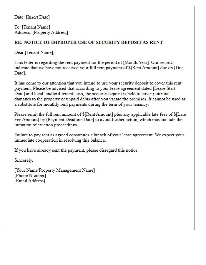 Warning Letter for Improper Use of Security Deposit as Rent