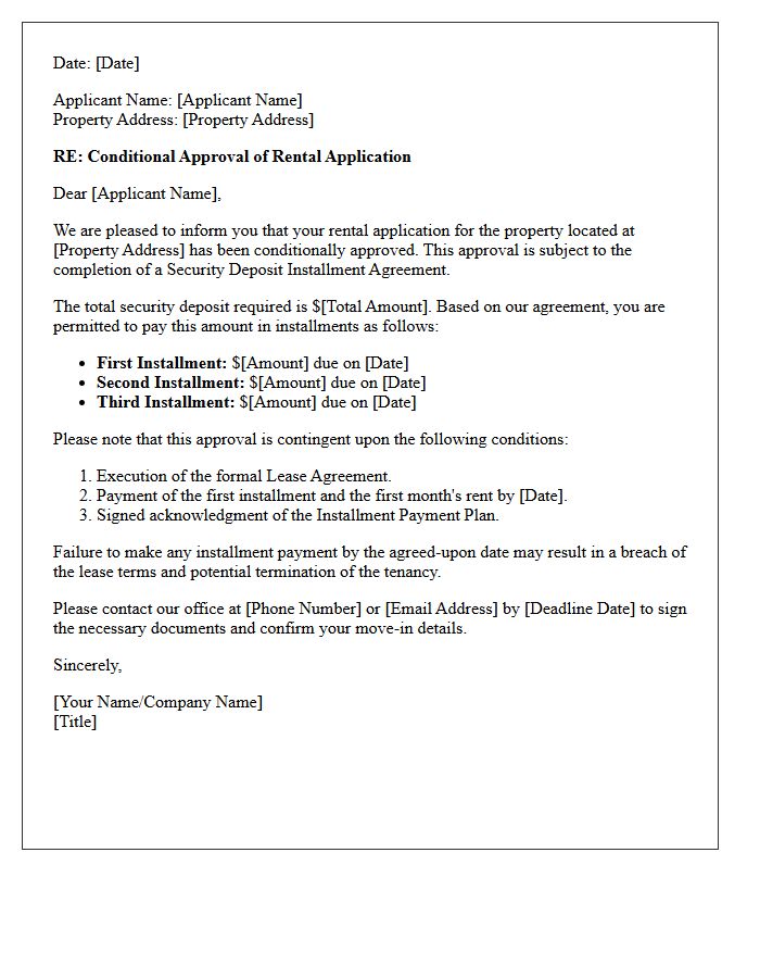 Conditional Approval Letter for Security Deposit Installments