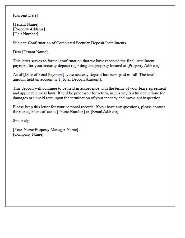 Confirmation Letter for Completed Security Deposit Installments