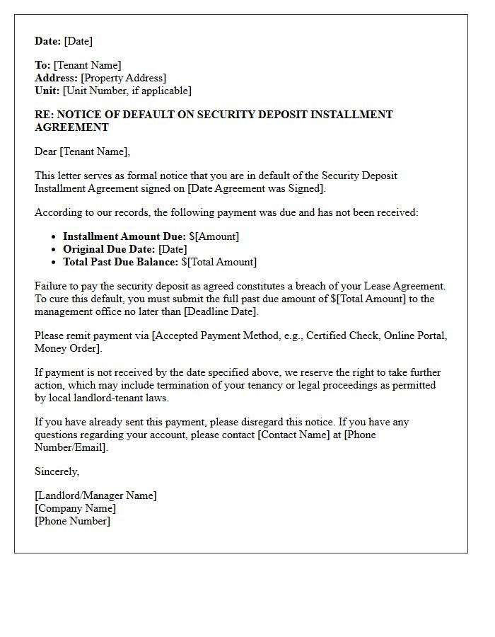 Default Notice Letter for Security Deposit Installment Agreement
