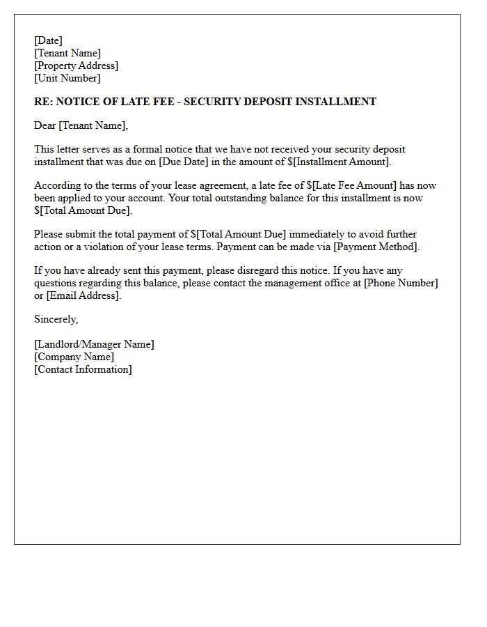 Late Fee Notice Letter for Security Deposit Installment