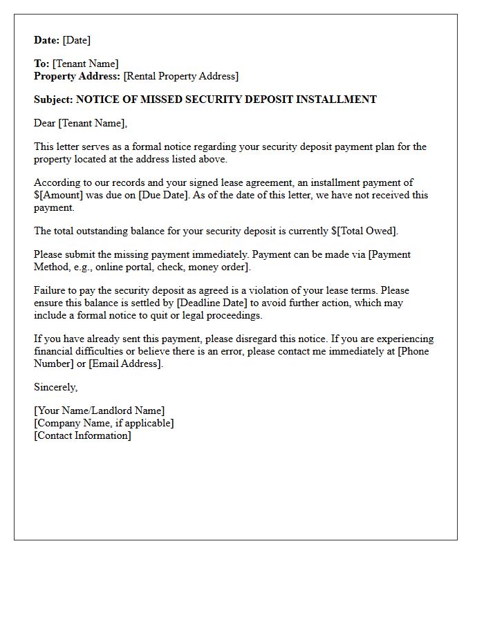Missed Security Deposit Installment Warning Letter