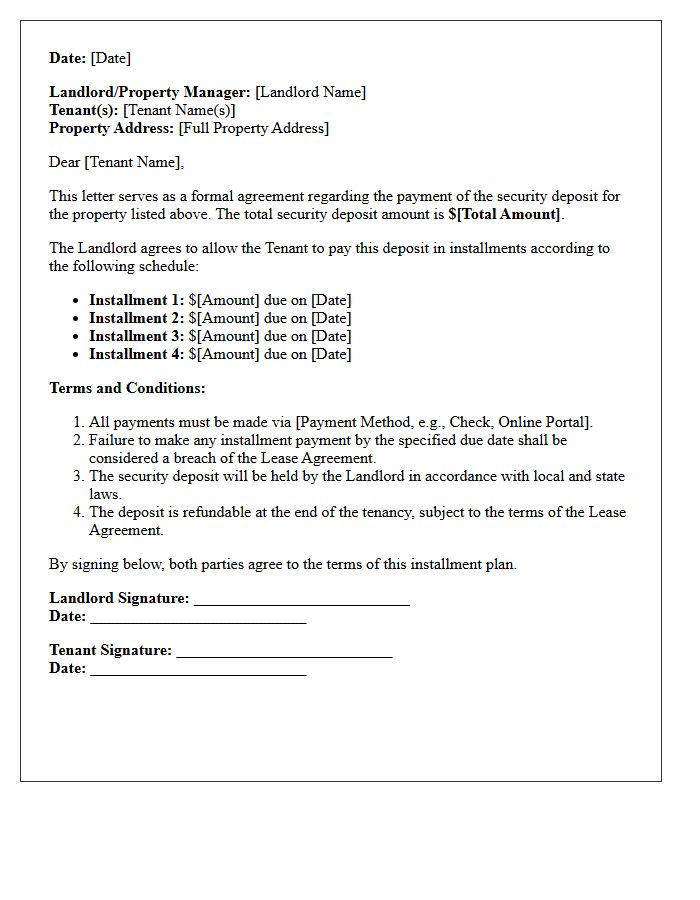 Security Deposit Installment Agreement Letter