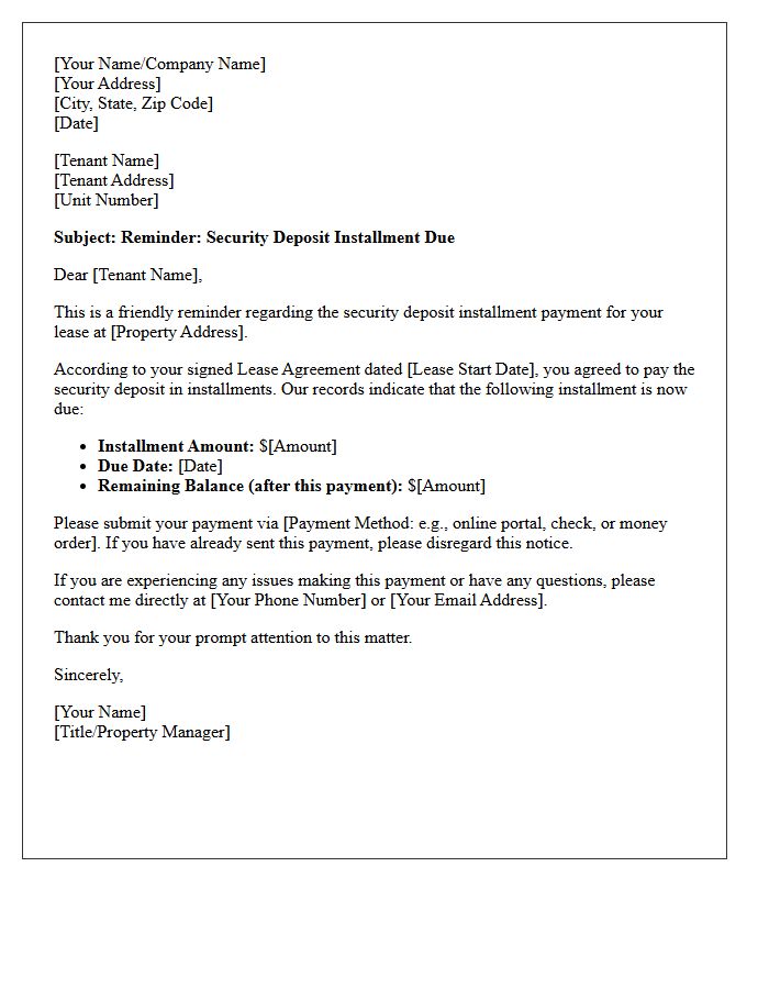 Security Deposit Installment Payment Reminder Letter