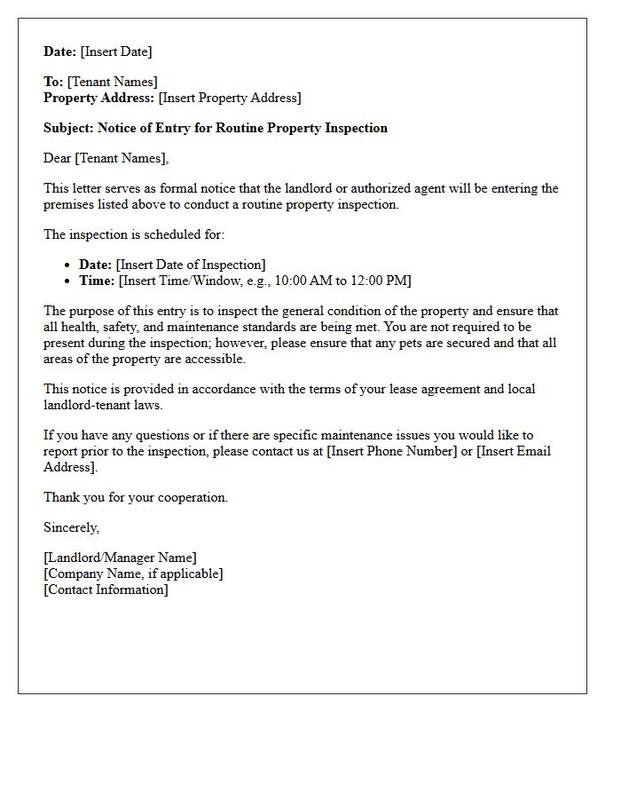 Subject Notice Of Entry For Routine Property Inspection