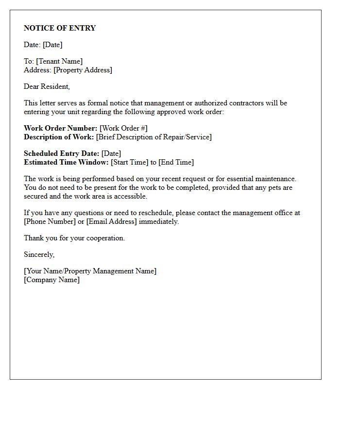 Approved Work Order Notice of Entry Letter