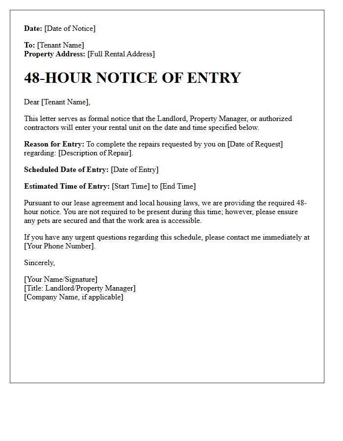 Forty-Eight Hour Notice of Entry for Requested Repairs Letter