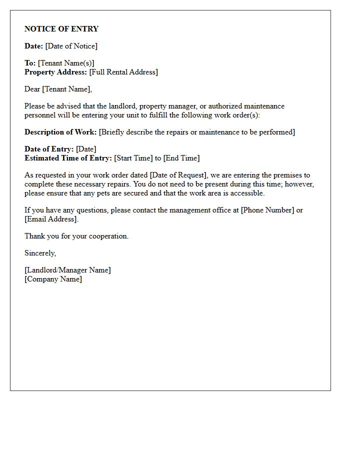 Landlord Notice of Entry for Work Order Fulfillment Letter