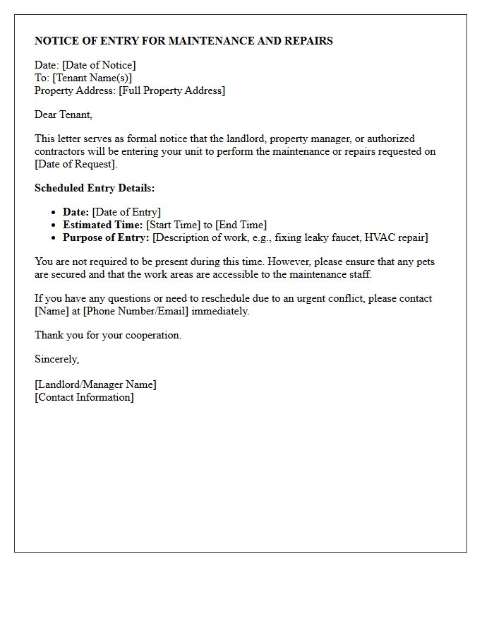 Notice of Entry for Requested Maintenance and Repairs Letter