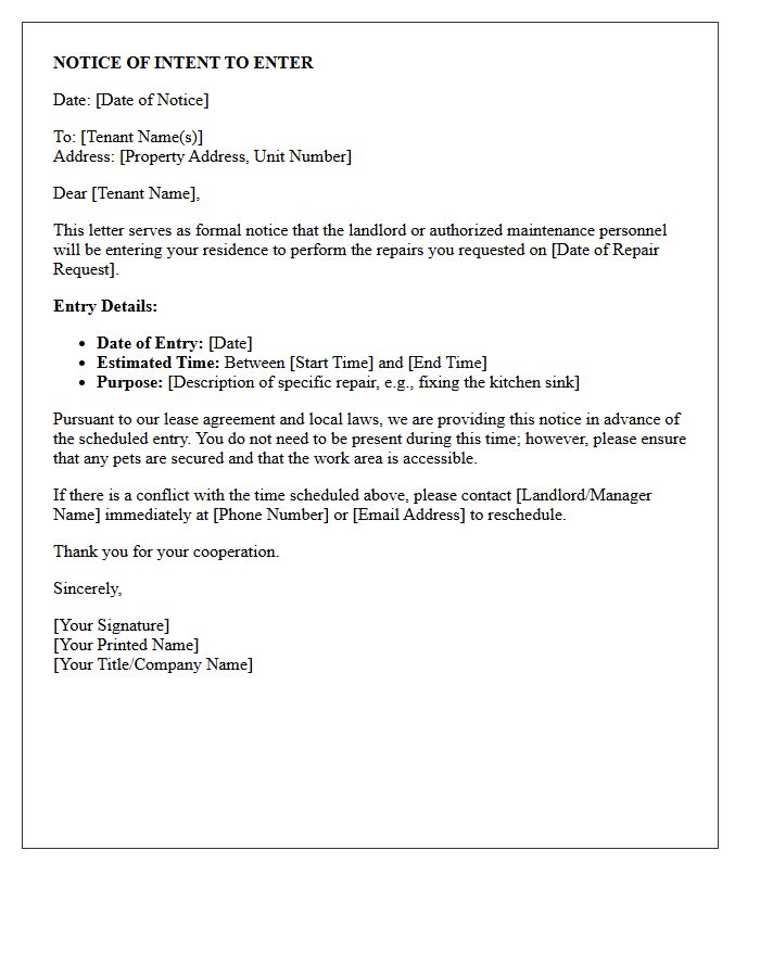 Notice of Intent to Enter for Requested Repairs Letter