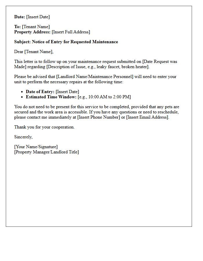 Property Access Notice for Requested Maintenance Letter