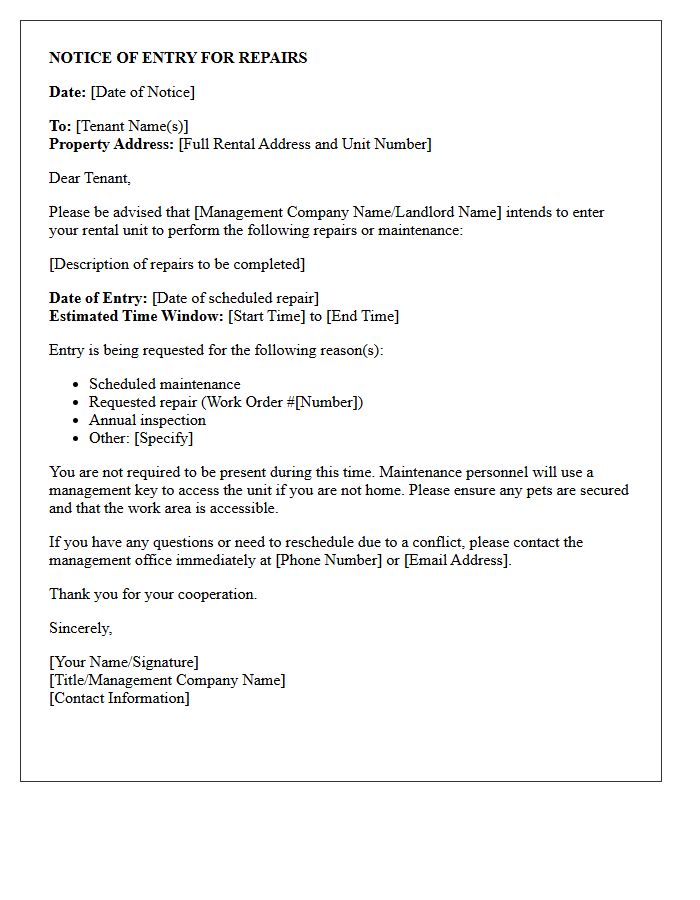 Property Management Notice of Entry for Repairs Letter