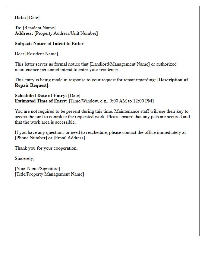 Resident Requested Repair Notice of Intent to Enter Letter