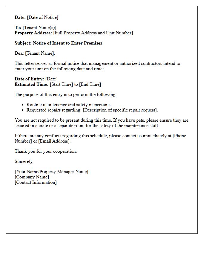 Routine Maintenance and Requested Repairs Entry Notice Letter