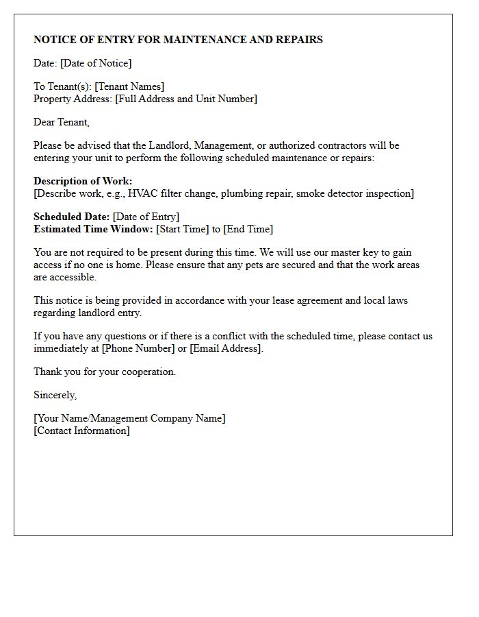 Scheduled Maintenance and Repair Notice of Entry Letter