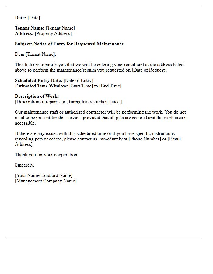 Tenant Requested Maintenance Notice of Entry Letter