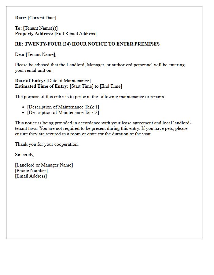Twenty-Four Hour Notice of Entry for Maintenance Letter