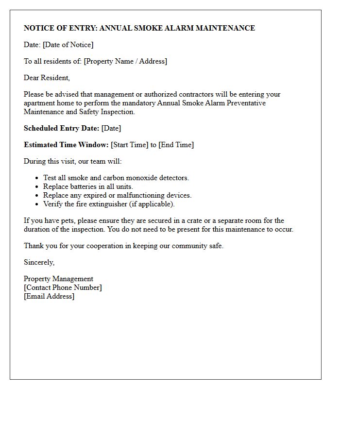 Annual Smoke Alarm Preventative Maintenance Entry Letter