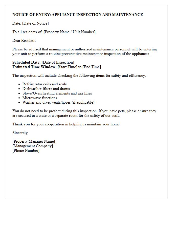 Appliance Inspection Preventative Maintenance Entry Letter