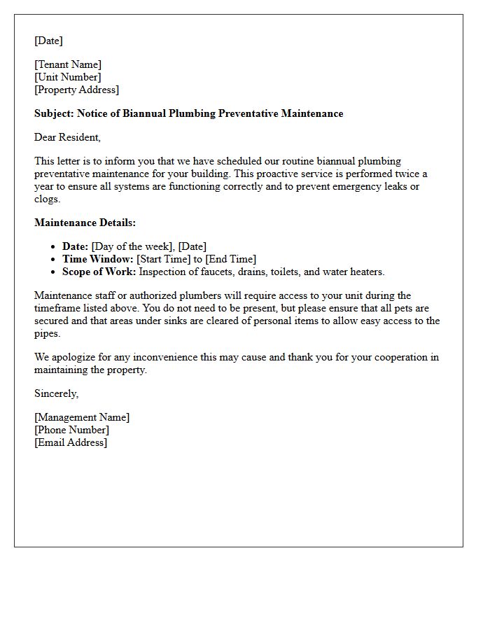 Biannual Plumbing Preventative Maintenance Notice Letter