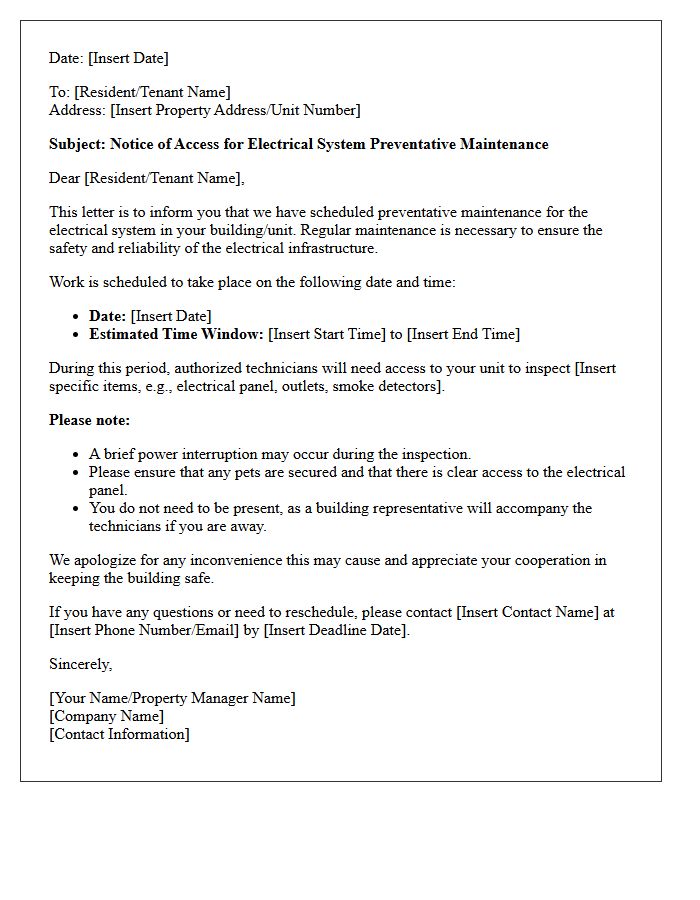 Electrical System Preventative Maintenance Access Letter