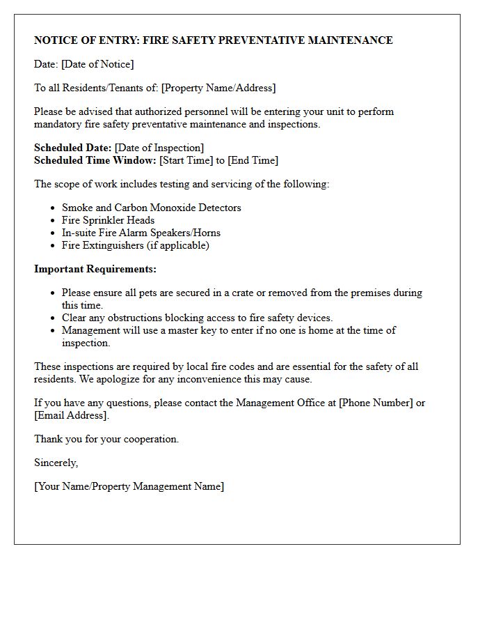 Fire Safety Preventative Maintenance Entry Notice Letter