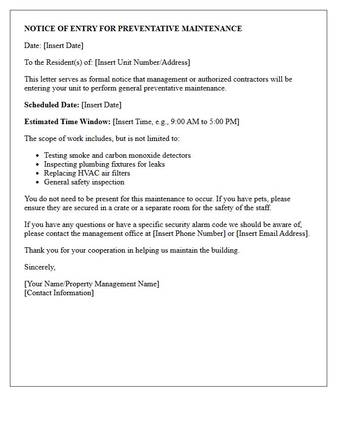 General Building Preventative Maintenance Entry Notice Letter
