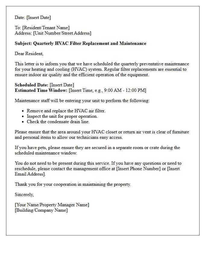 Quarterly Filter Replacement Preventative Maintenance Letter