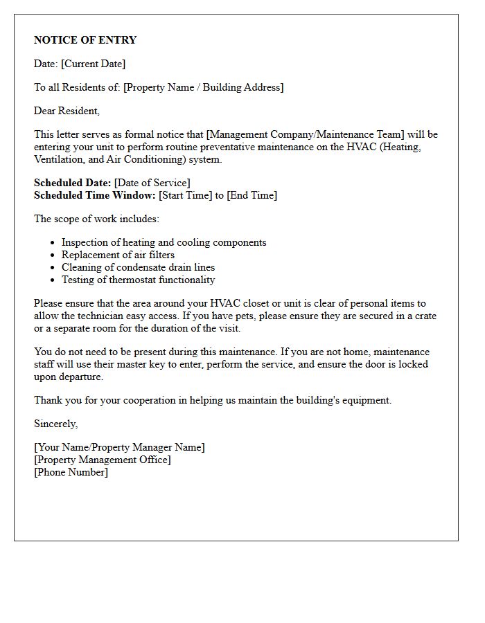 Routine HVAC Preventative Maintenance Entry Notice Letter
