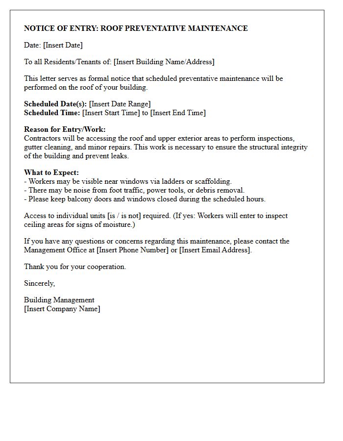 Scheduled Roof Preventative Maintenance Notice of Entry Letter