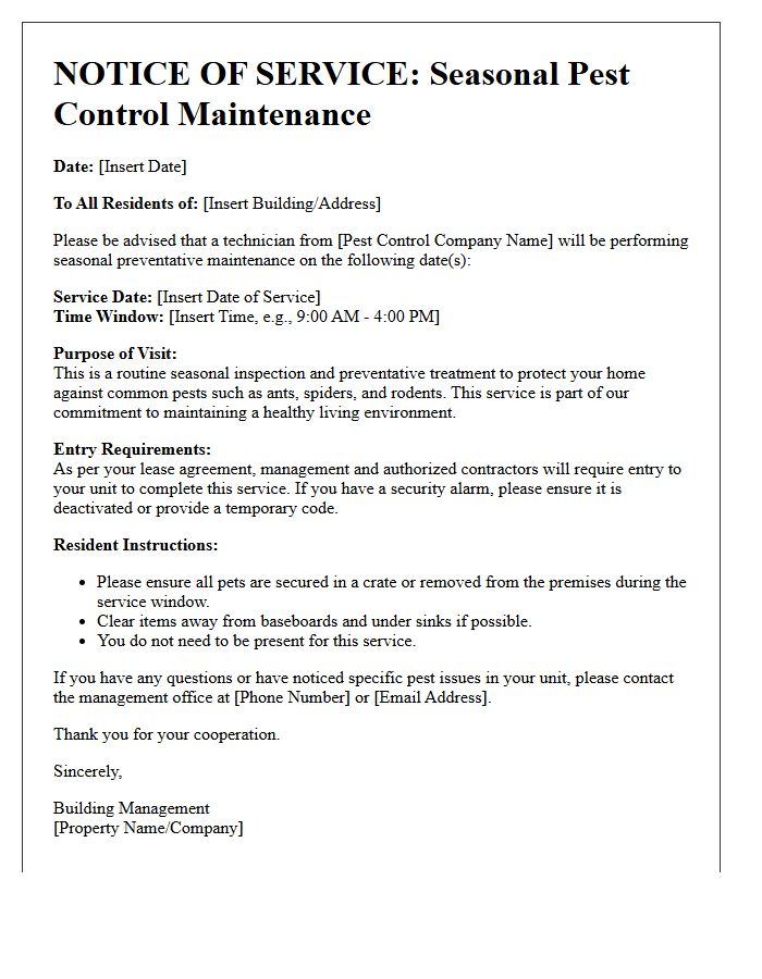 Seasonal Pest Control Preventative Maintenance Entry Letter