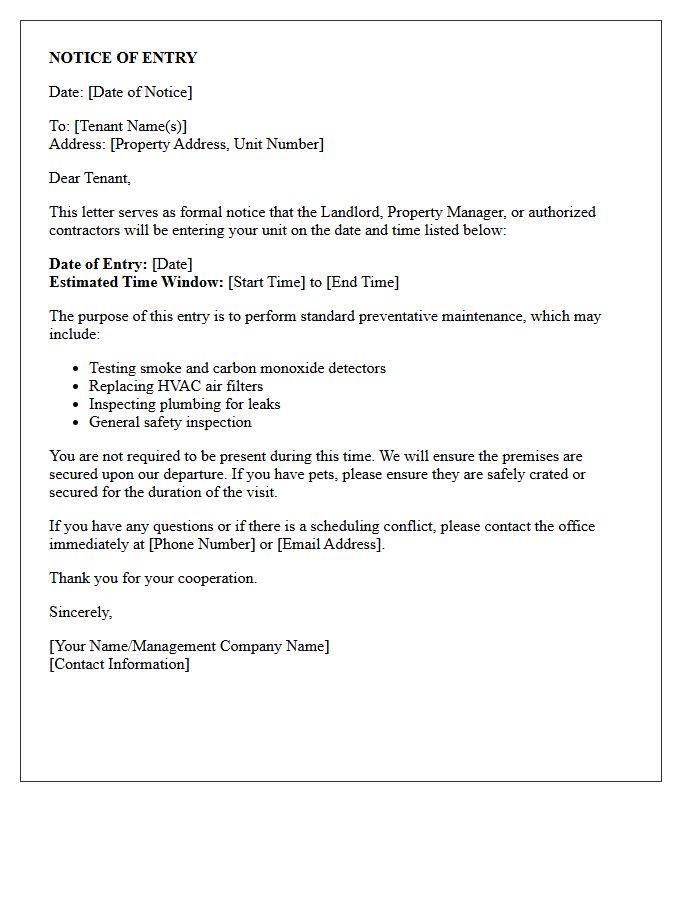 Standard Notice of Entry for Preventative Maintenance Letter