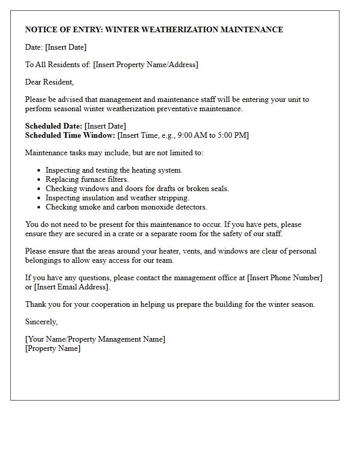 Winter Weatherization Preventative Maintenance Entry Letter