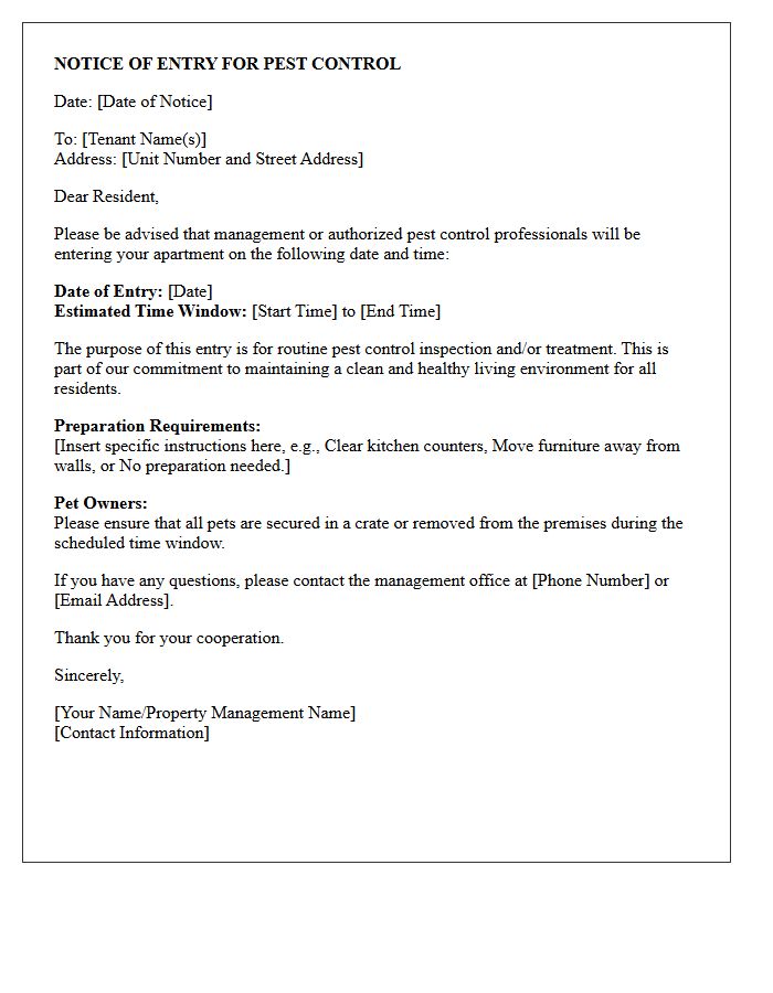 Apartment Entry Notice for Pest Control Letter