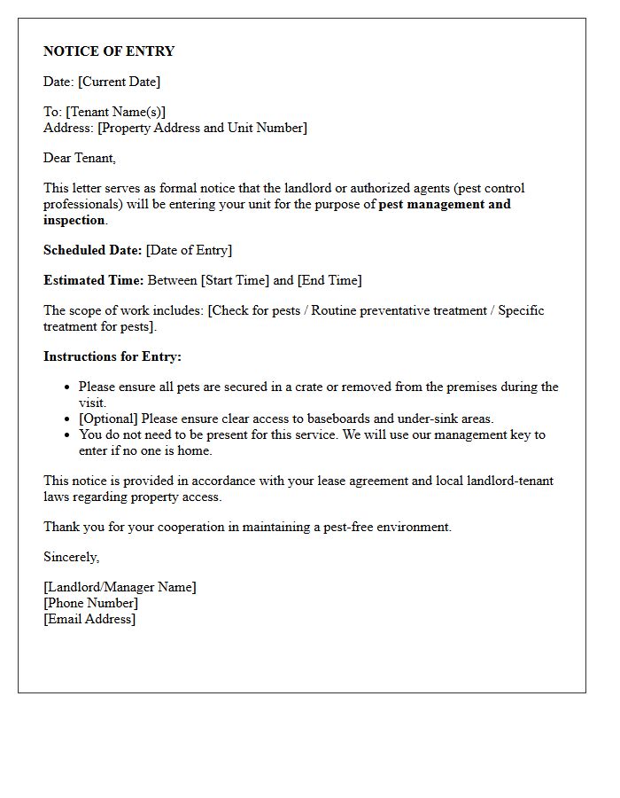 Landlord Notice of Entry for Pest Management Letter