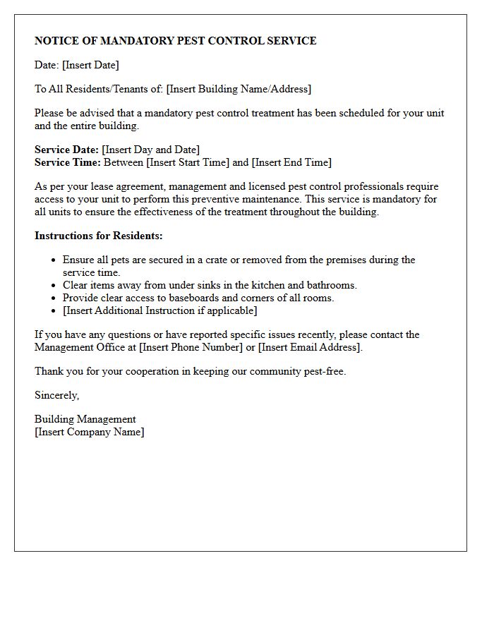 Mandatory Pest Control Service Notice Letter