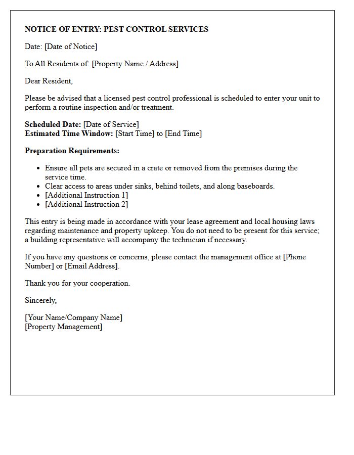 Notice of Entry for Pest Control Services Letter
