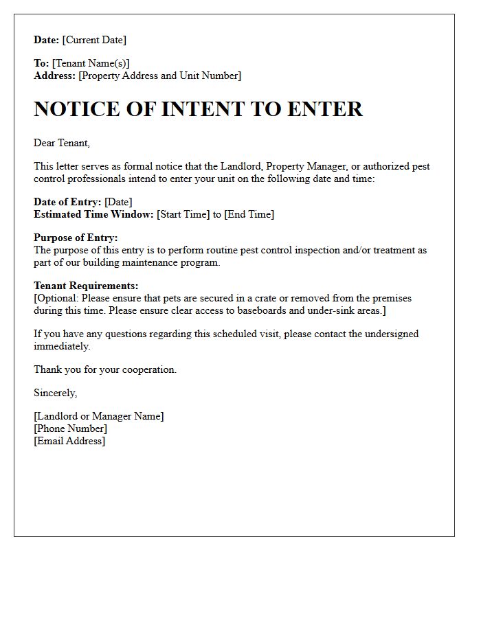 Notice of Intent to Enter for Pest Control Letter