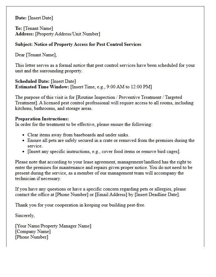 Property Access for Pest Control Services Letter