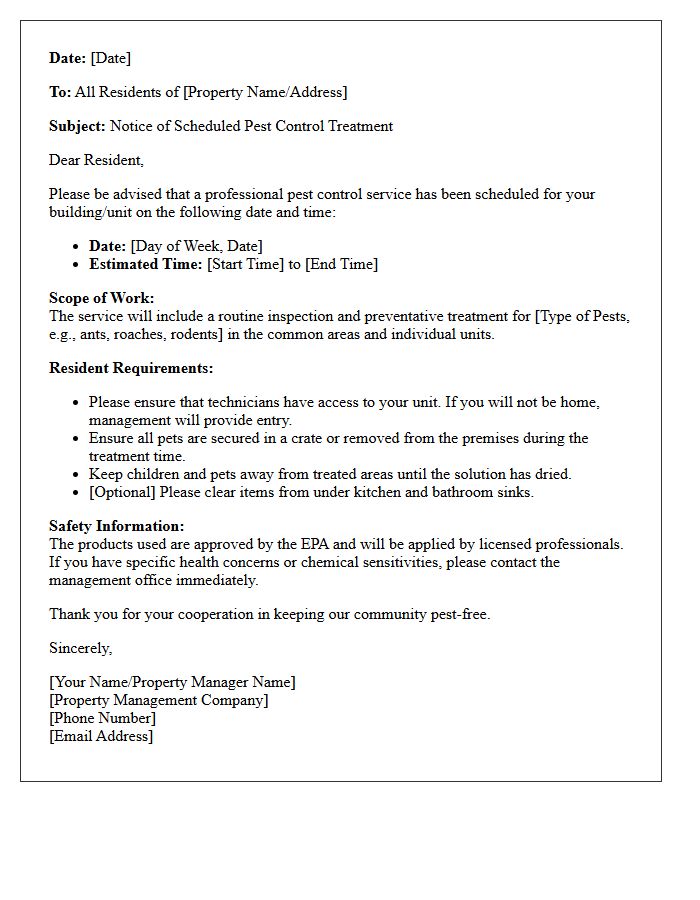 Property Management Pest Control Notification Letter