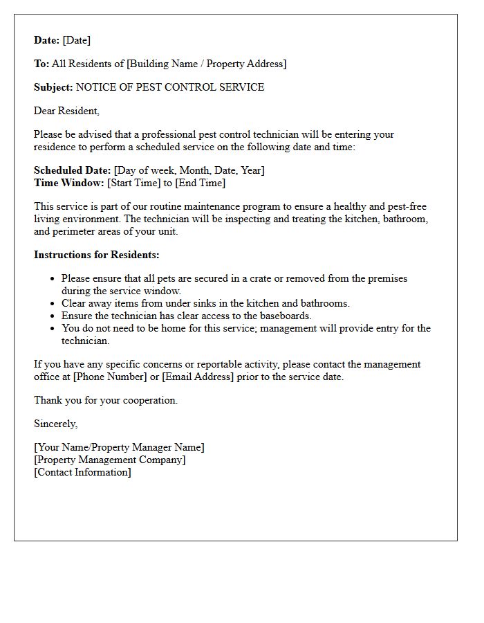 Residential Pest Control Service Entry Letter