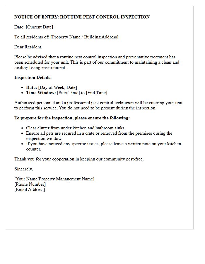 Routine Pest Control Inspection Entry Letter